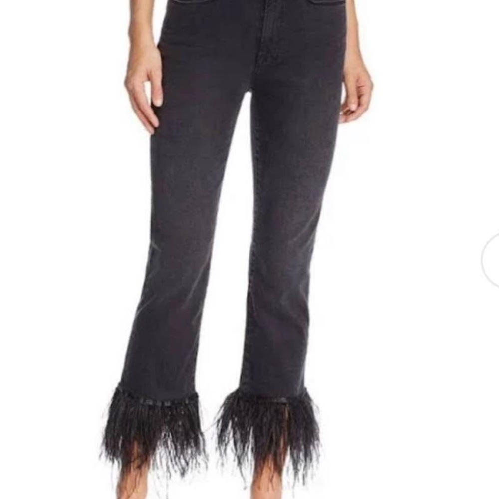 Frame brand "Le High Straight" black denim w/ostrich inspired feathers